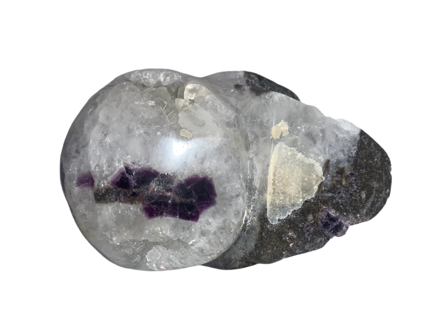 Cráneo de fluorita y cuarzo morado de 4,1" con pirita