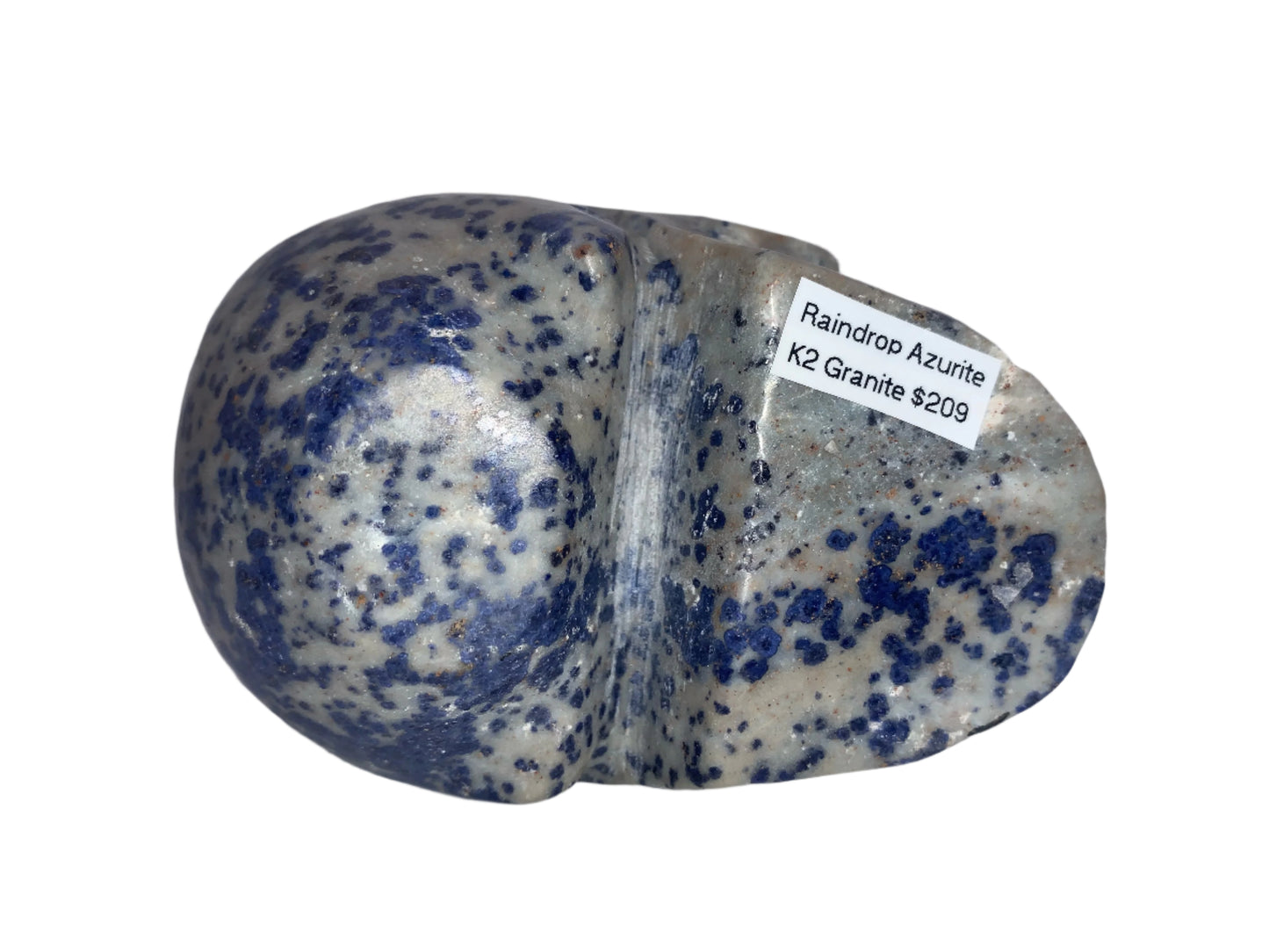Cráneo de granito K2/azurita con forma de gota de lluvia de 4,3"